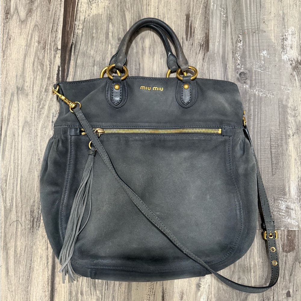 Miu Miu Gray Suede Leather Women’s Crossbody Satchel 2 Way Bag Fridge Vitello - Picture 5 of 17